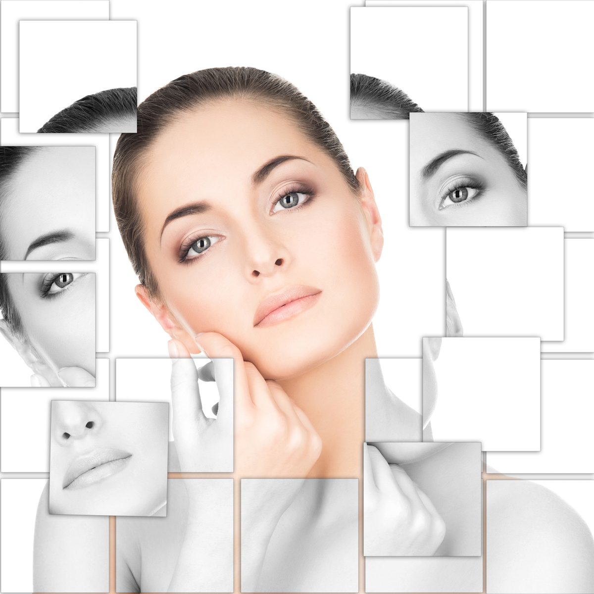 Woman gently touching her cheek, framed by overlapping portrait panels.